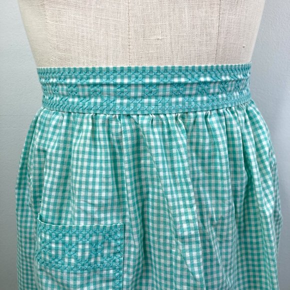 Vintage Handmade Teal Green Gingham Apron Cross Stitch Tie Waist Pocket - Picture 3 of 13